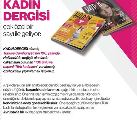 Hollanda’daki başarılı Türk kadınları, KADIN DERGİSİ özel sayısında yer alacak 